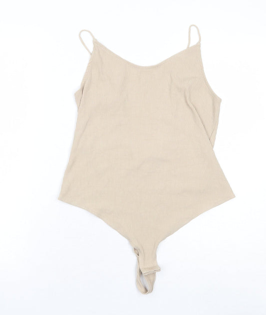 H&M Womens Beige Viscose Bodysuit One-Piece Size L Snap