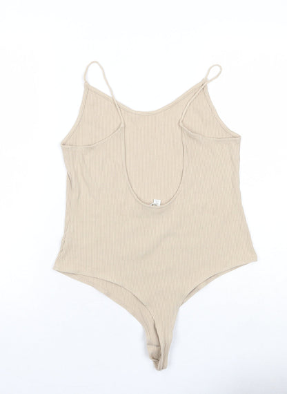 H&M Womens Beige Viscose Bodysuit One-Piece Size L Snap