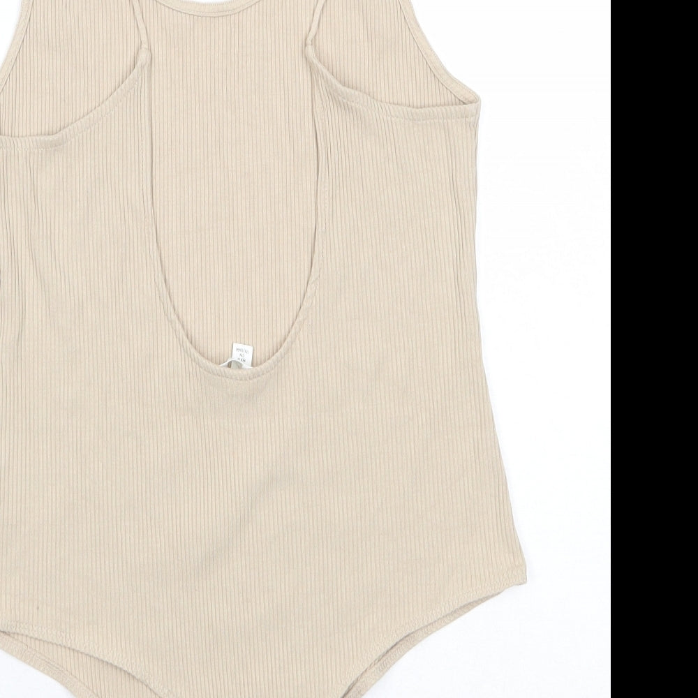 H&M Womens Beige Viscose Bodysuit One-Piece Size L Snap