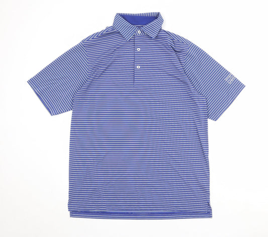 Donald Ross Mens Blue Striped Polyester Polo Size S Collared Button