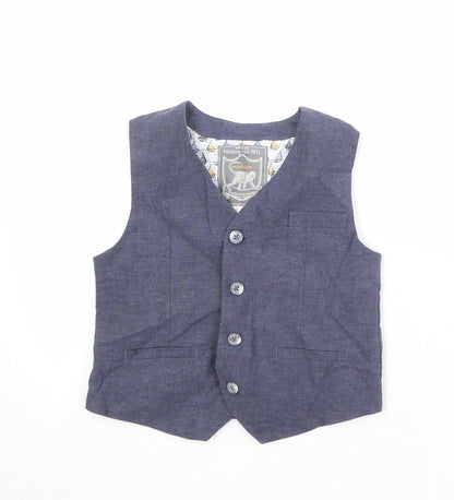 Additional front view of Monsoon boys’ blue jacket waistcoat, size 5, years button