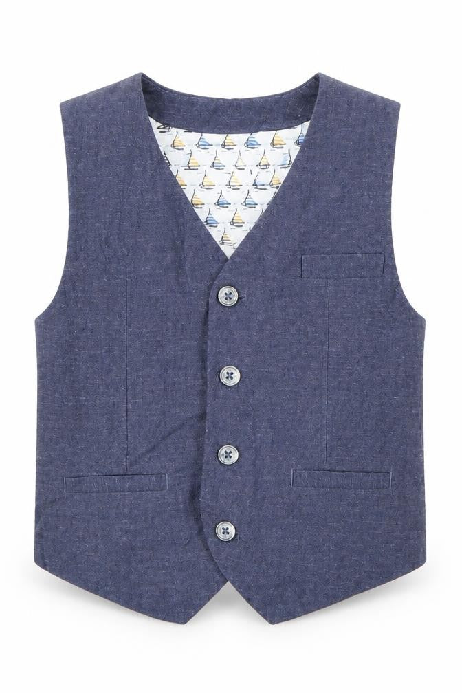 Front view of Monsoon boys’ blue jacket waistcoat, size 5, years button