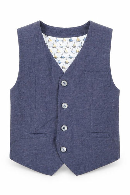 Front view of Monsoon boys’ blue jacket waistcoat, size 5, years button