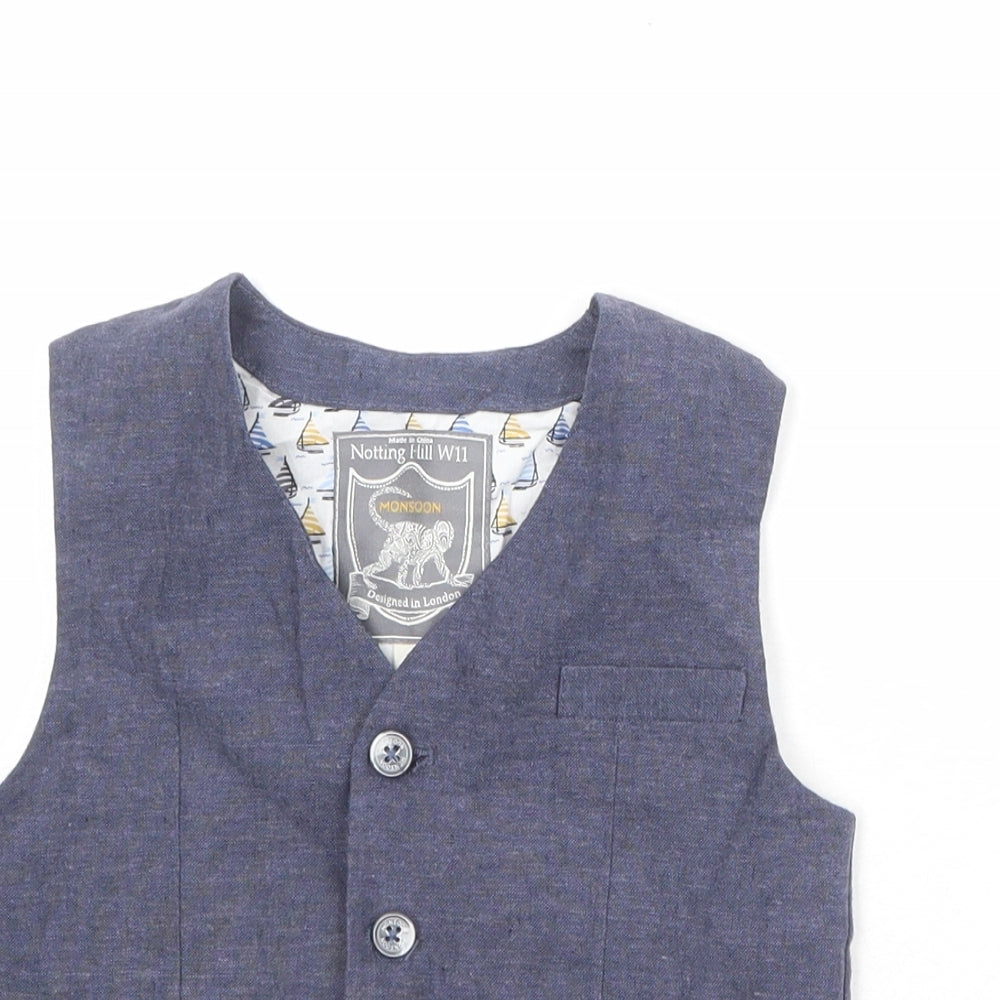 Close-up detail of Monsoon boys’ blue jacket waistcoat, size 5, years button