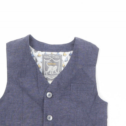 Close-up detail of Monsoon boys’ blue jacket waistcoat, size 5, years button