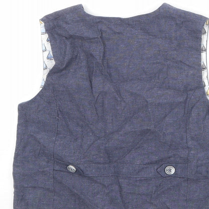 Brand and care label for Monsoon boys’ blue jacket waistcoat, size 5, years button