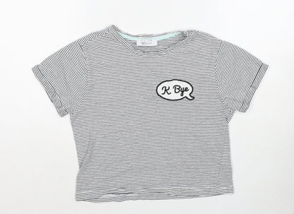 New Look Girls Black Striped Cotton Pullover T-Shirt Size S Round Neck Pullover