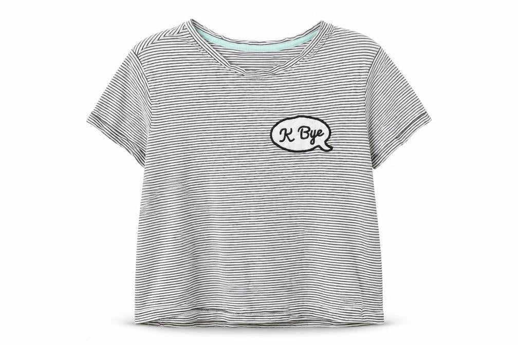 Front view of New Look girls’ black striped cotton pullover t-shirt, size S, round neck pullover