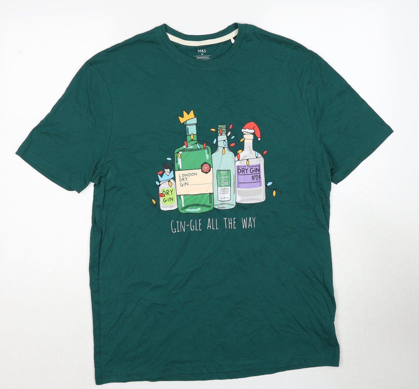 Marks and Spencer Mens Green Cotton T-Shirt Size M Round Neck - Christmas Gin-Gle all The Way