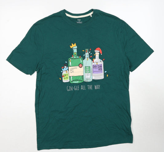 Marks and Spencer Mens Green Cotton T-Shirt Size M Round Neck - Christmas Gin-Gle all The Way
