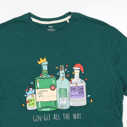 Marks and Spencer Mens Green Cotton T-Shirt Size M Round Neck - Christmas Gin-Gle all The Way