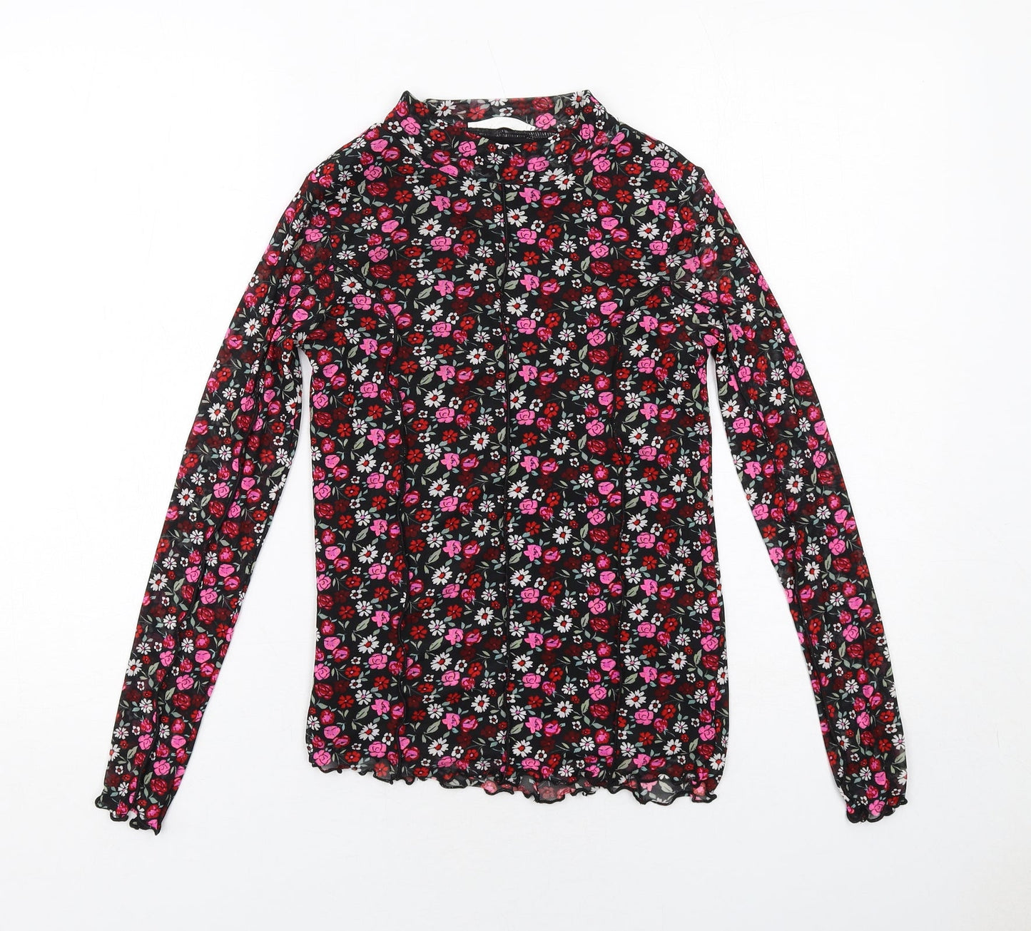 Marks and Spencer Girls Black Floral Polyester Pullover T-Shirt Size 12-13 Years Mock Neck Pullover