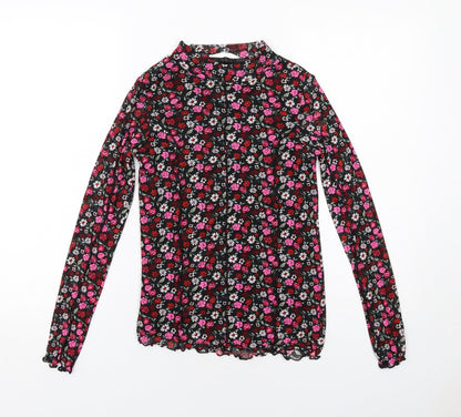 Marks and Spencer Girls Black Floral Polyester Pullover T-Shirt Size 12-13 Years Mock Neck Pullover