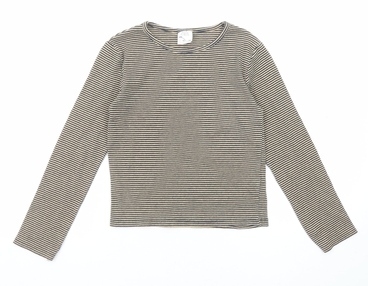 Zara Girls Beige Striped Cotton Pullover T-Shirt Size 10 Years Boat Neck Pullover