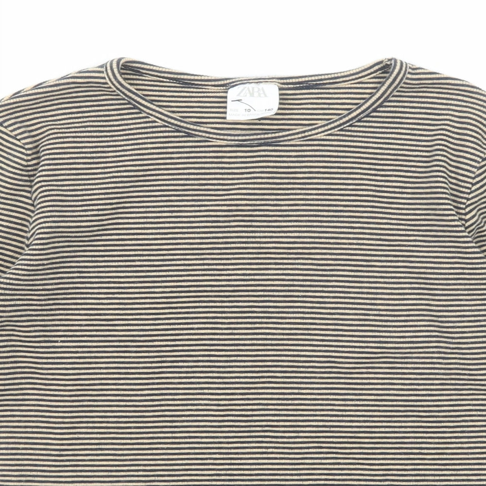 Zara Girls Beige Striped Cotton Pullover T-Shirt Size 10 Years Boat Neck Pullover