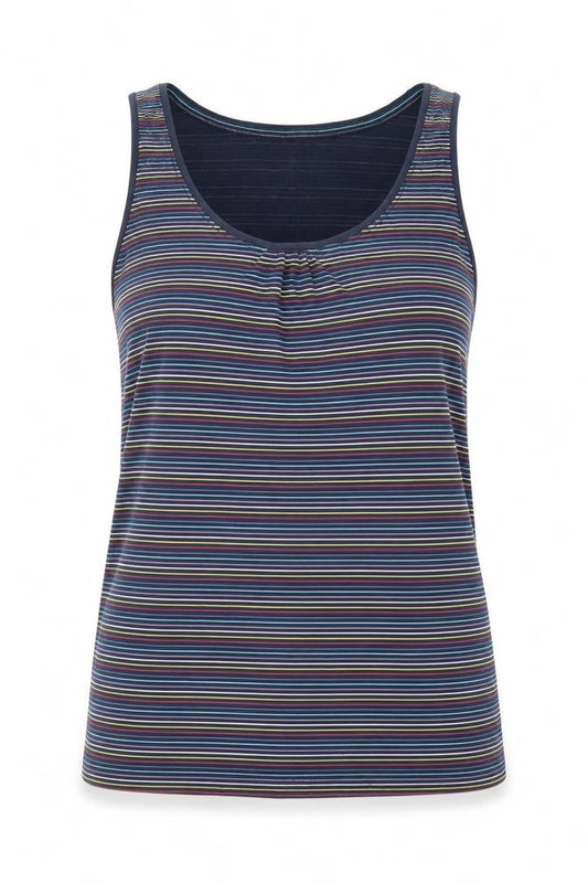 Front view of EDC women’s blue striped cotton basic tank, size XS, round neck