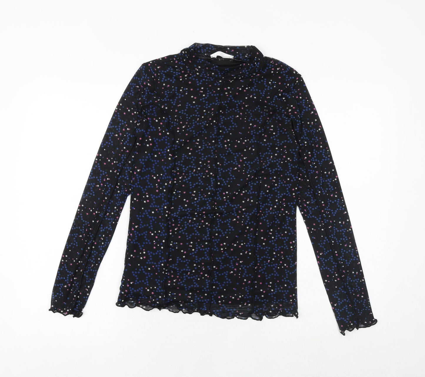 Marks and Spencer Girls Black Geometric Polyester Basic Blouse Size 13-14 Years Mock Neck Pullover - Star Print