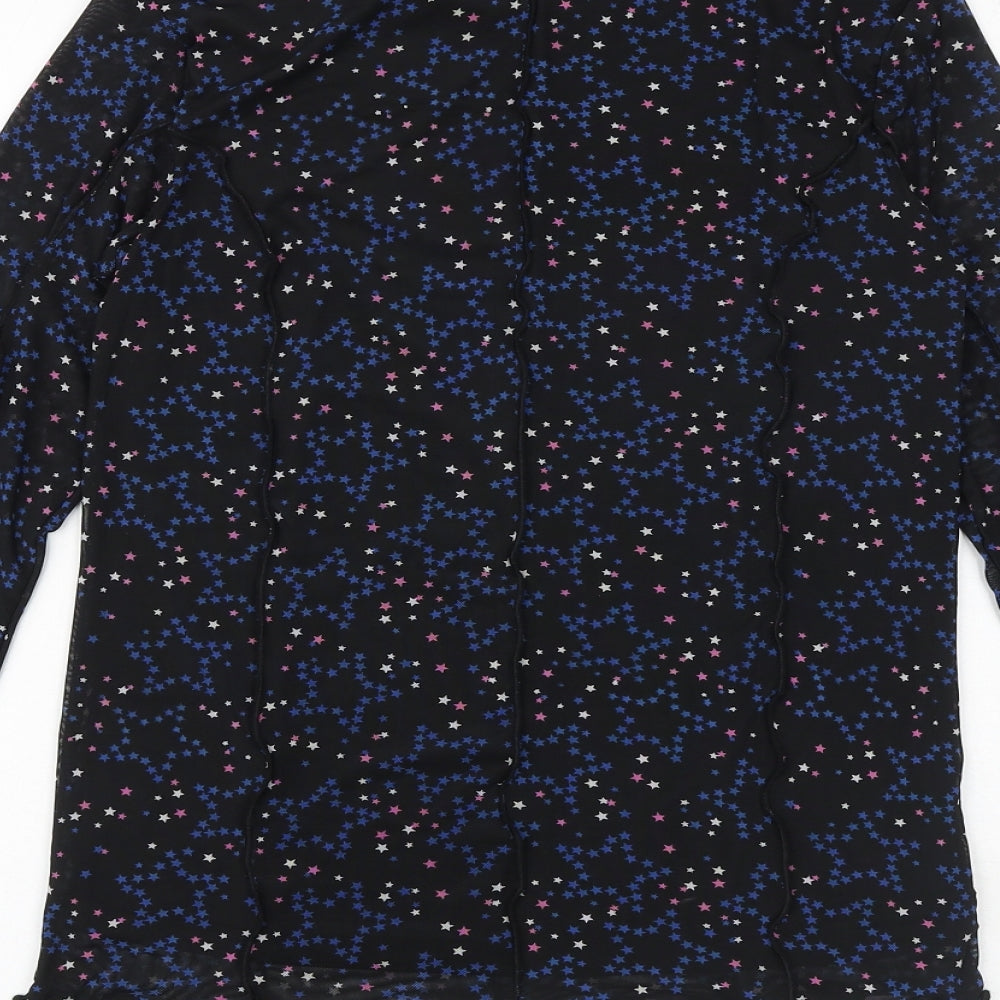 Marks and Spencer Girls Black Geometric Polyester Basic Blouse Size 13-14 Years Mock Neck Pullover - Star Print