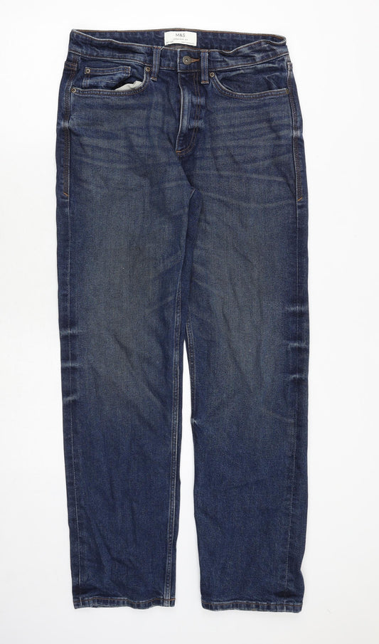 Marks and Spencer Mens Blue Cotton Straight Jeans Size 30 in Regular Zip