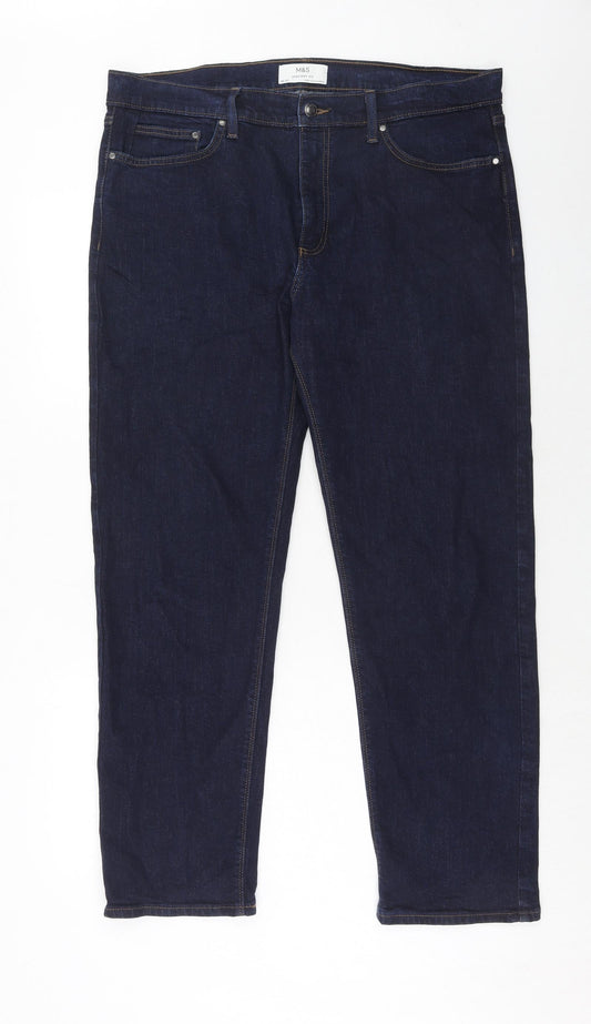 Marks and Spencer Mens Blue Cotton Straight Jeans Size 36 in L31 in Regular Zip