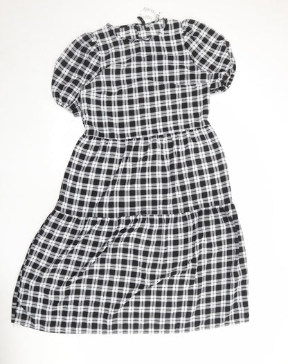 Divided by H&M Womens Black Plaid Polyester A-Line Size S Round Neck Button