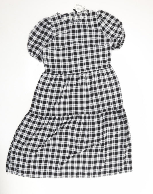 Divided by H&M Womens Black Plaid Polyester A-Line Size S Round Neck Button