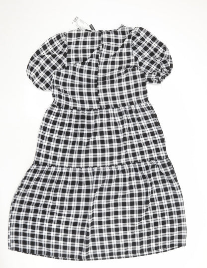 Divided by H&M Womens Black Plaid Polyester A-Line Size S Round Neck Button