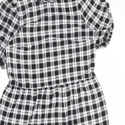 Divided by H&M Womens Black Plaid Polyester A-Line Size S Round Neck Button