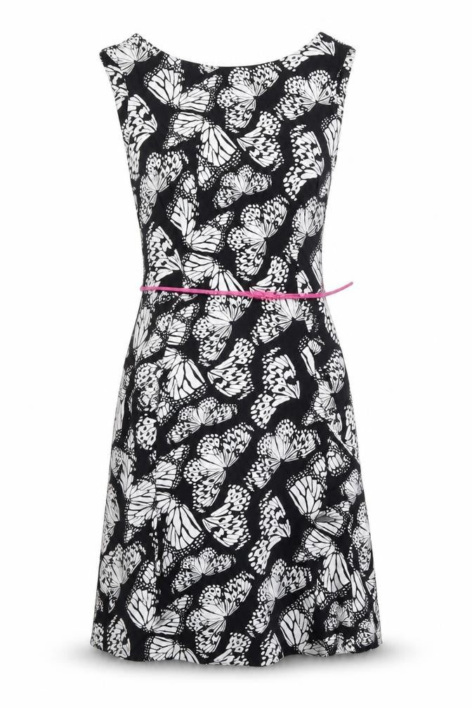 Front view of Wallis women’s black geometric viscose a-line, size UK 10, round neck zip - butterfly