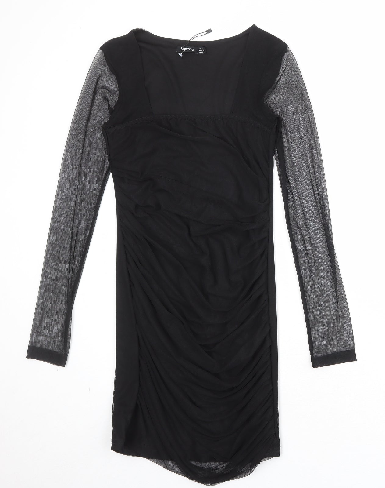 Boohoo Womens Black Nylon Pencil Dress Size 12 Square Neck Pullover - Mesh Overlay