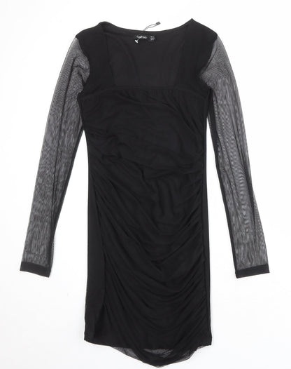 Boohoo Womens Black Nylon Pencil Dress Size 12 Square Neck Pullover - Mesh Overlay