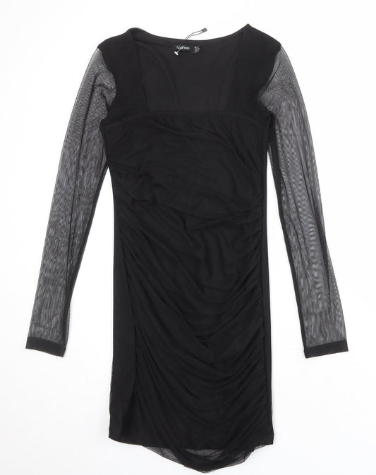 Boohoo Womens Black Nylon Pencil Dress Size 12 Square Neck Pullover - Mesh Overlay