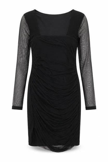 Boohoo Womens Black Nylon Pencil Dress Size 12 Square Neck Pullover - Mesh Overlay