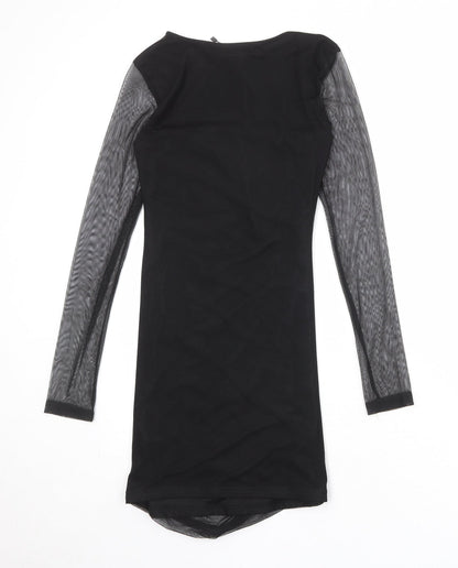 Boohoo Womens Black Nylon Pencil Dress Size 12 Square Neck Pullover - Mesh Overlay