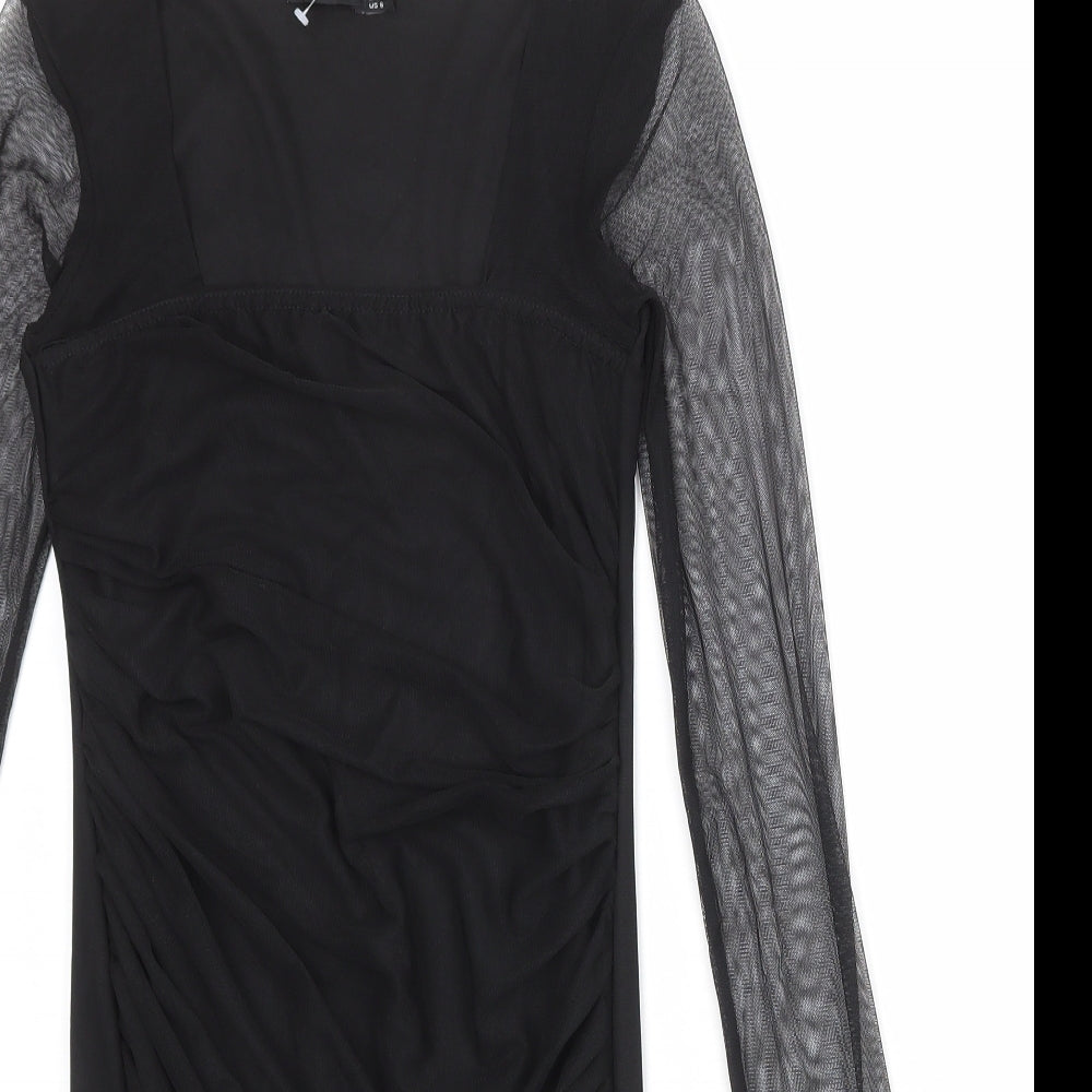 Boohoo Womens Black Nylon Pencil Dress Size 12 Square Neck Pullover - Mesh Overlay