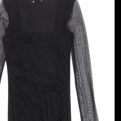 Boohoo Womens Black Nylon Pencil Dress Size 12 Square Neck Pullover - Mesh Overlay
