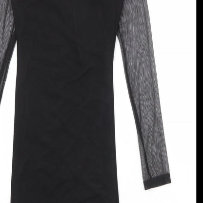 Boohoo Womens Black Nylon Pencil Dress Size 12 Square Neck Pullover - Mesh Overlay