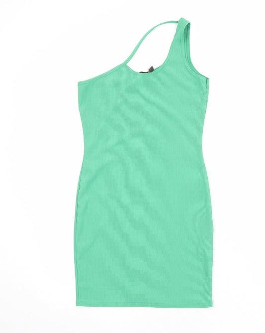 PRETTYLITTLETHING Womens Green Polyester Mini Size 10 One Shoulder Pullover