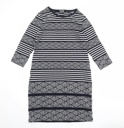Marks and Spencer Womens Blue Geometric Cotton T-Shirt Dress Size 10 Round Neck Zip