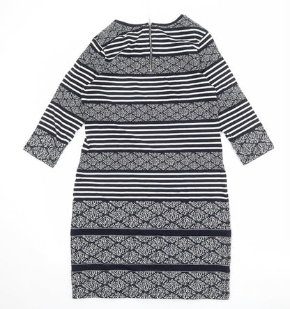 Marks and Spencer Womens Blue Geometric Cotton T-Shirt Dress Size 10 Round Neck Zip