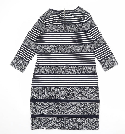 Marks and Spencer Womens Blue Geometric Cotton T-Shirt Dress Size 10 Round Neck Zip