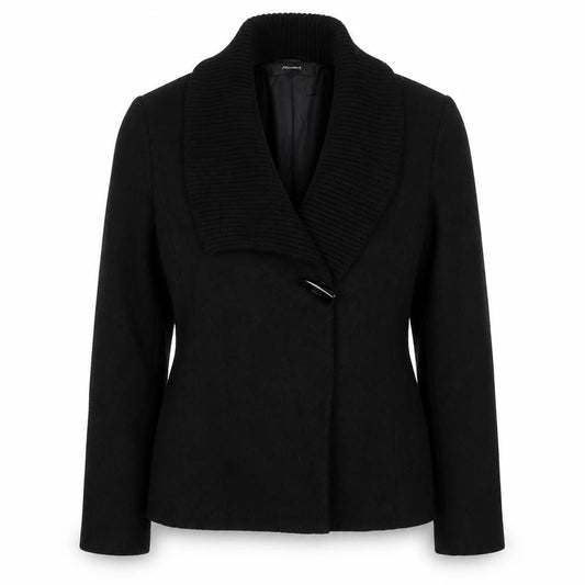 Front view of Alexara women’s black jacket, size UK 12, buckle