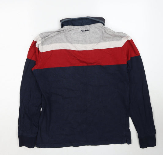 Pepe Jeans London Mens Blue Striped Cotton Polo Size M Collared Pullover