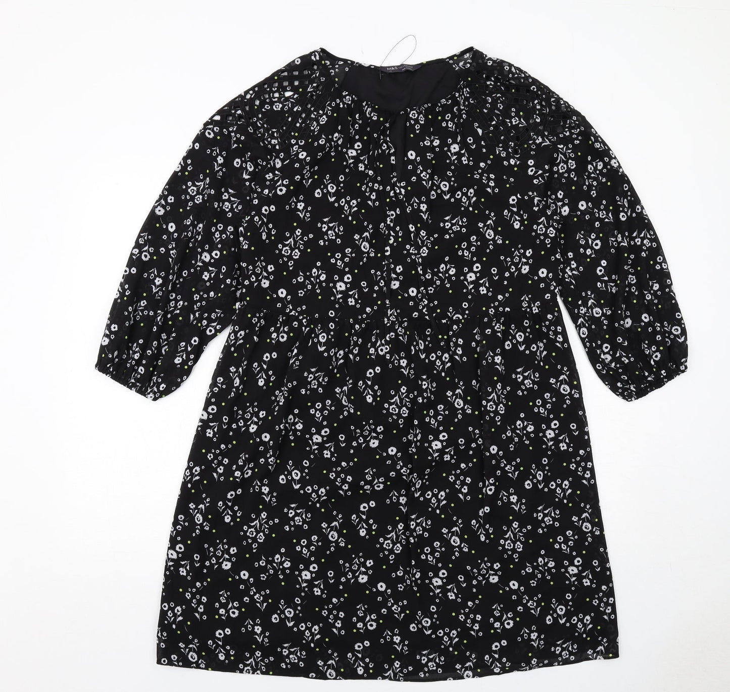 Marks and Spencer Womens Black Floral Polyester A-Line Size 12 Round Neck Pullover