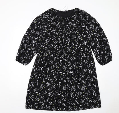 Marks and Spencer Womens Black Floral Polyester A-Line Size 12 Round Neck Pullover