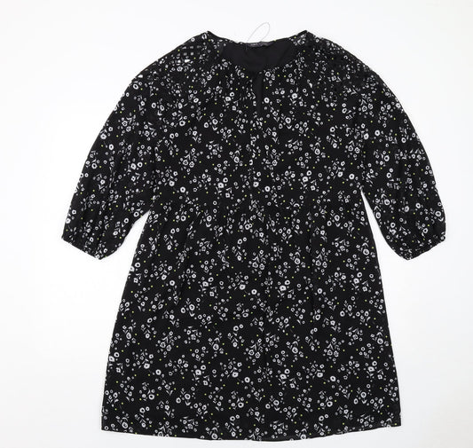 Marks and Spencer Womens Black Floral Polyester A-Line Size 12 Round Neck Pullover