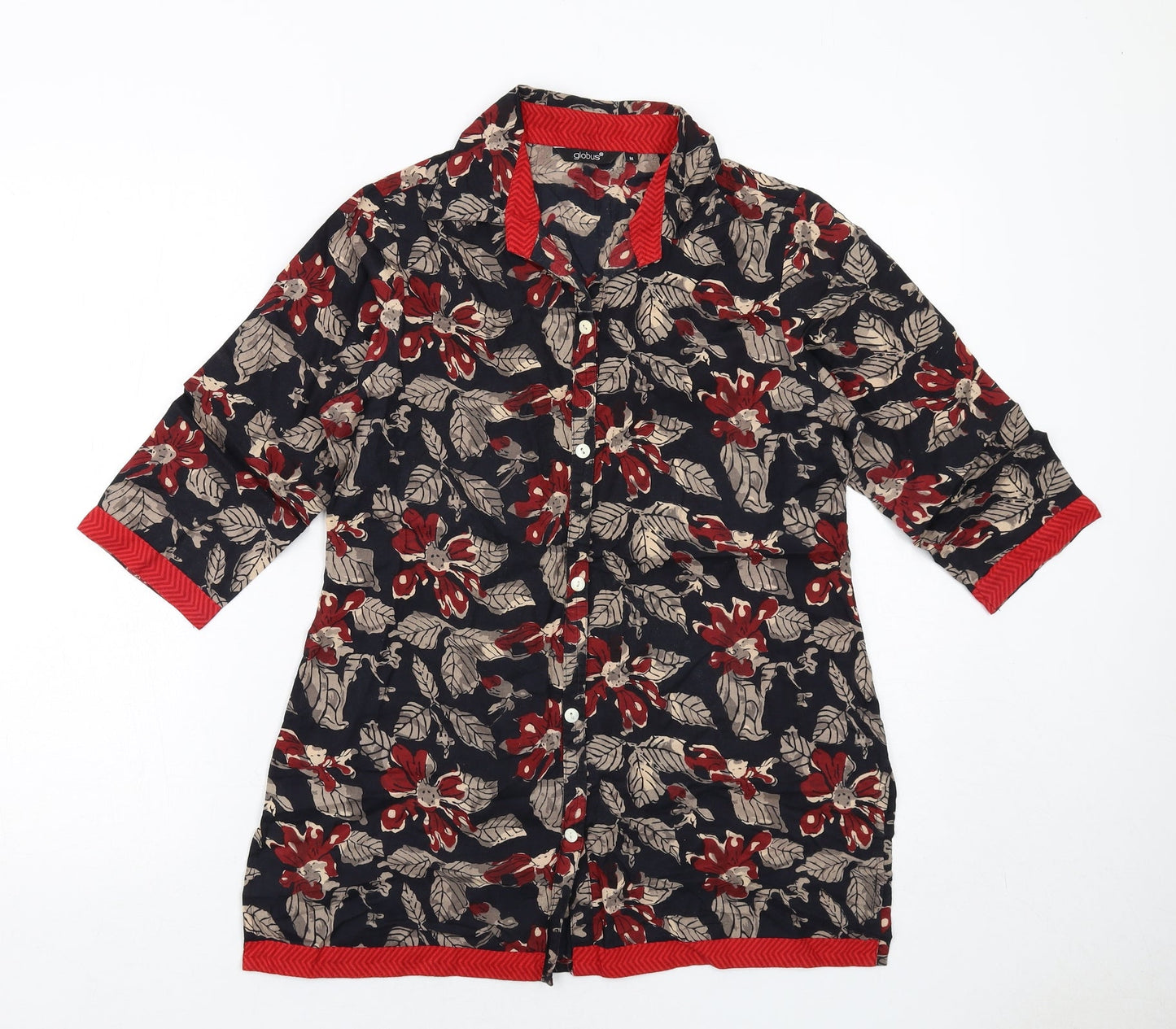 Globus Womens Black Floral Cotton Basic Button-Up Size M Collared