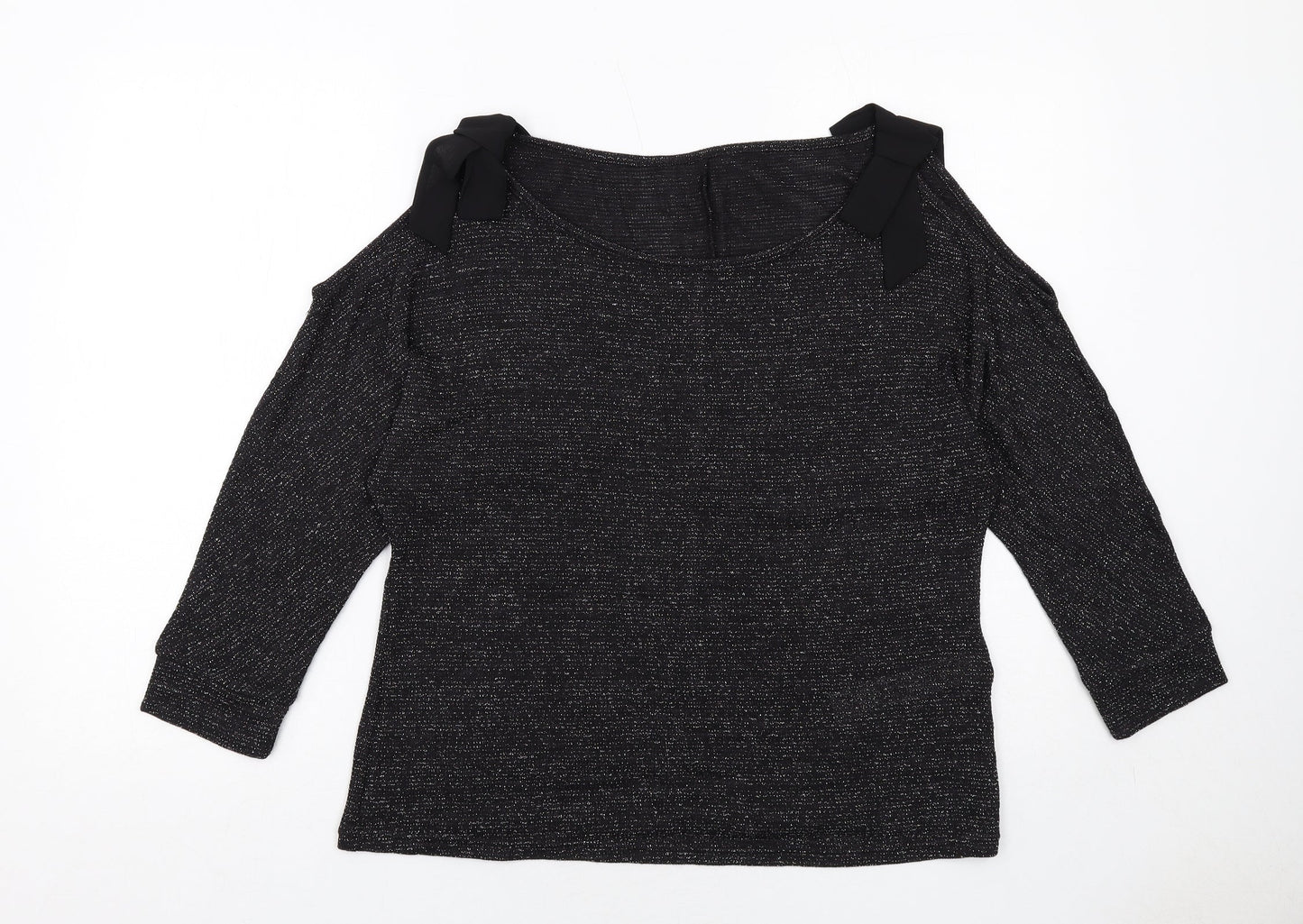 Avon Womens Black Geometric Polyester Basic Blouse Size 14 Round Neck - Cold Shoulder