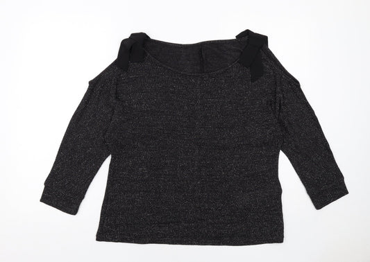 Avon Womens Black Geometric Polyester Basic Blouse Size 14 Round Neck - Cold Shoulder