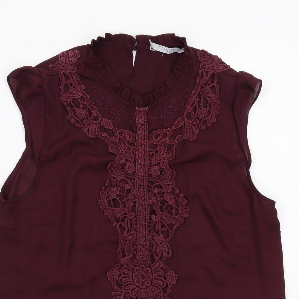 New Look Womens Red Polyester Basic Blouse Size 14 Round Neck - Crocheted Lace Detail